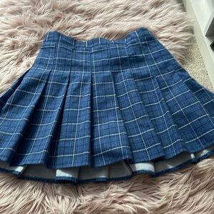 blue pleated plaid mini skirt